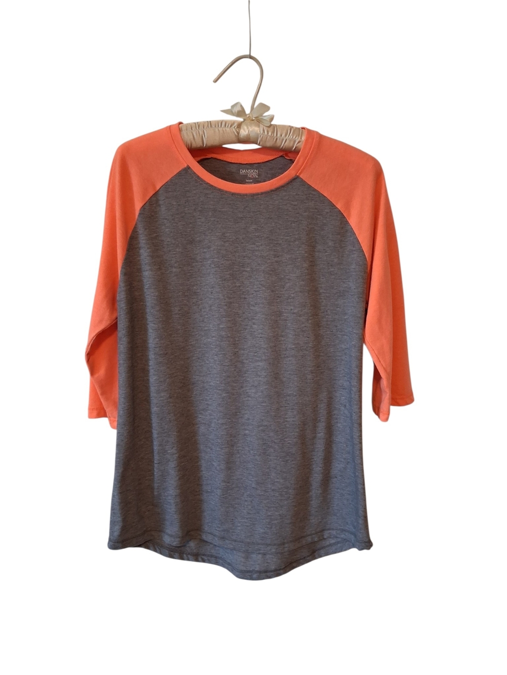 Danskin Now Gray Tee with Coral Trim Baseball Tee Large